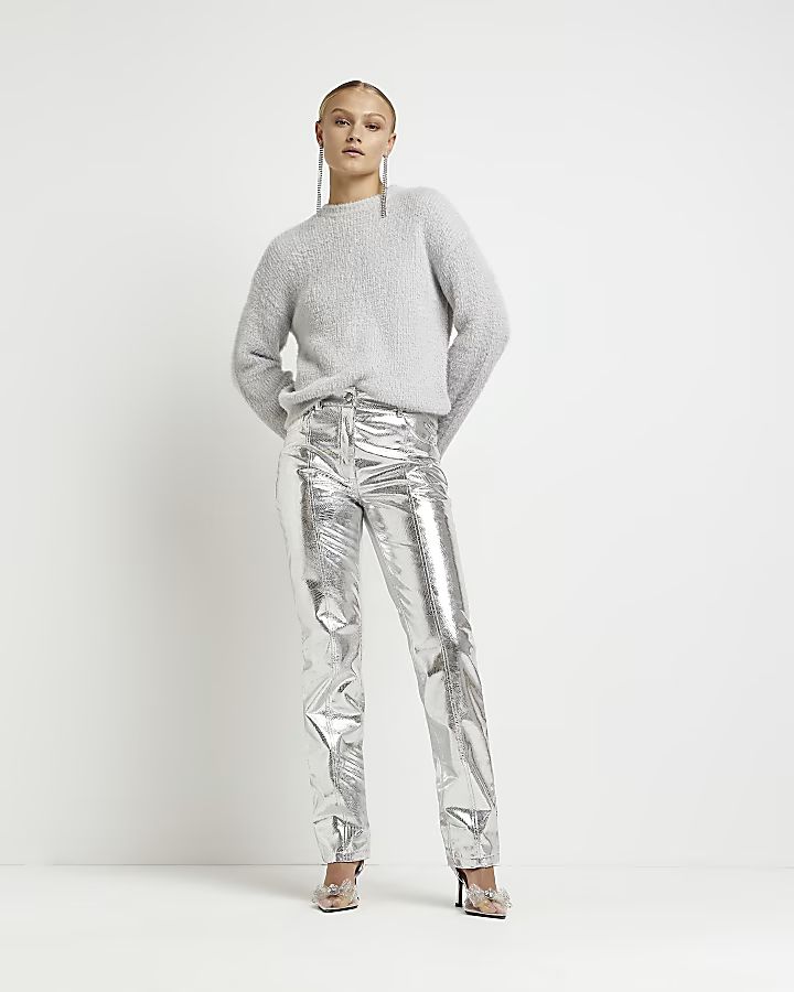 Silver faux leather straight leg trousers | River Island (UK & IE)