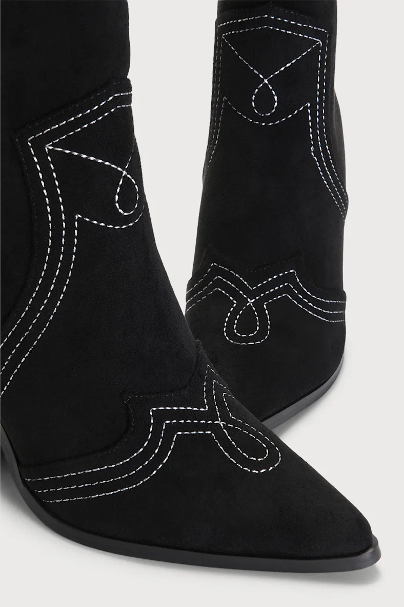 Gladley Black Suede Pointed-Toe Mid-Calf Western Boots | Lulus