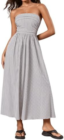 Milumia Women's Striped Strapless Maxi Dress Summer Casual Tube Top Long Dresses with Pocket | Amazon (US)