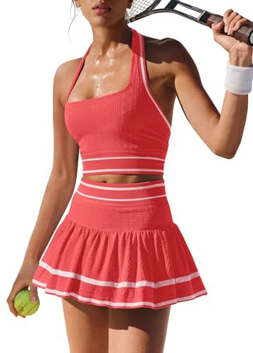 ReachMe Womens Two Piece Tennis Skirt Set 2 Piece Golf Outfits Halter Top and Mini Skorts Matching Workout Sets(Red,XS) | Amazon (US)