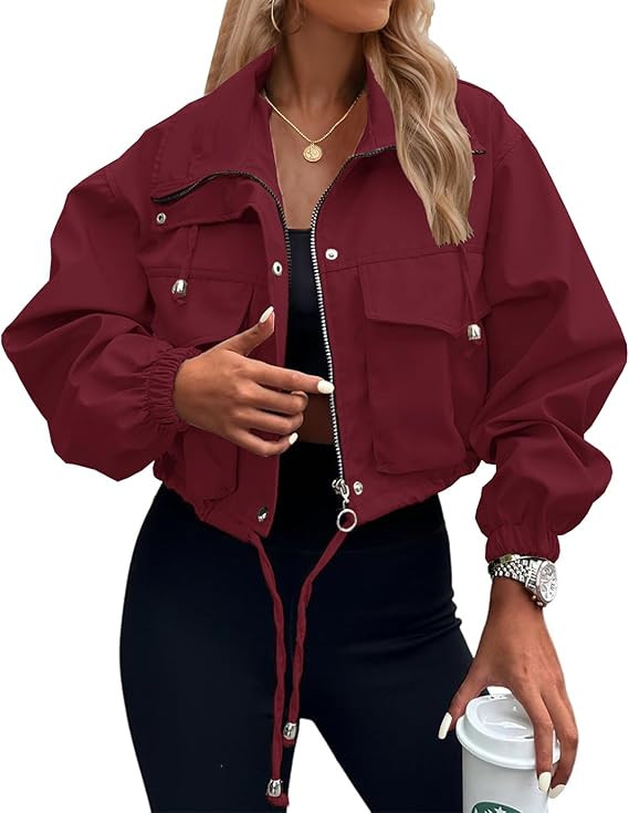 Womens Cropped Jackets Lightweight Military Fall Utility Safari Zip Up Anorak Coats with Pockets | Amazon (US)