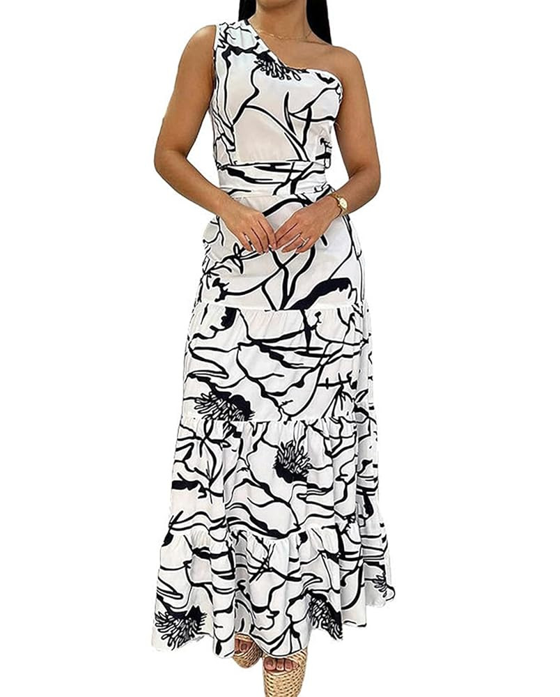 Yuopeid Women's Summer Sexy Sleeveless One Shoulder Maxi Dress Fashion Printed Boho Beach Party V... | Amazon (US)