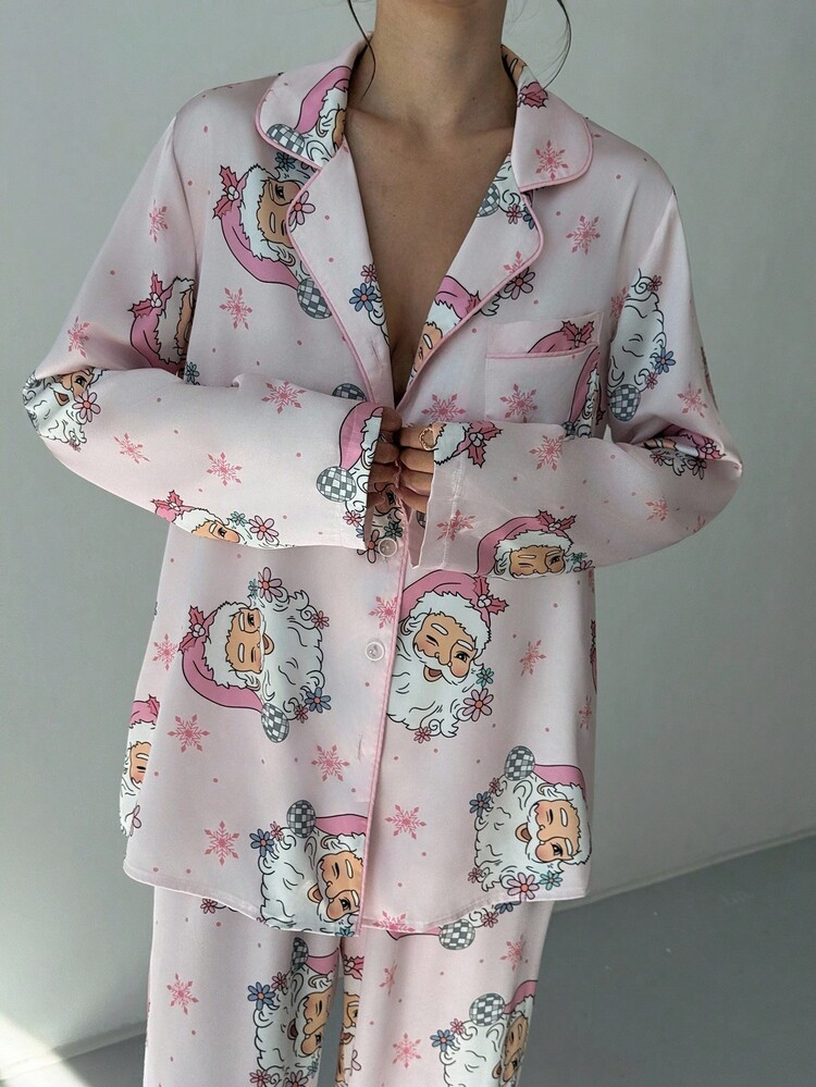 Aloruh 2pcs Women Santa Claus Print Long Sleeve Top And Pants Set, Casual Autumn Christmas Suit Christmas Pink Pajamas Suit Home Leisure Comfort Suit Autumn Home | SHEIN