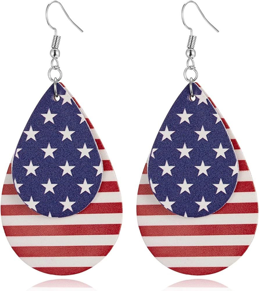 American Flag Earrings for Women 4th of July Patriotic Earrings Cute Teardrop Leather Dangle Earr... | Amazon (US)