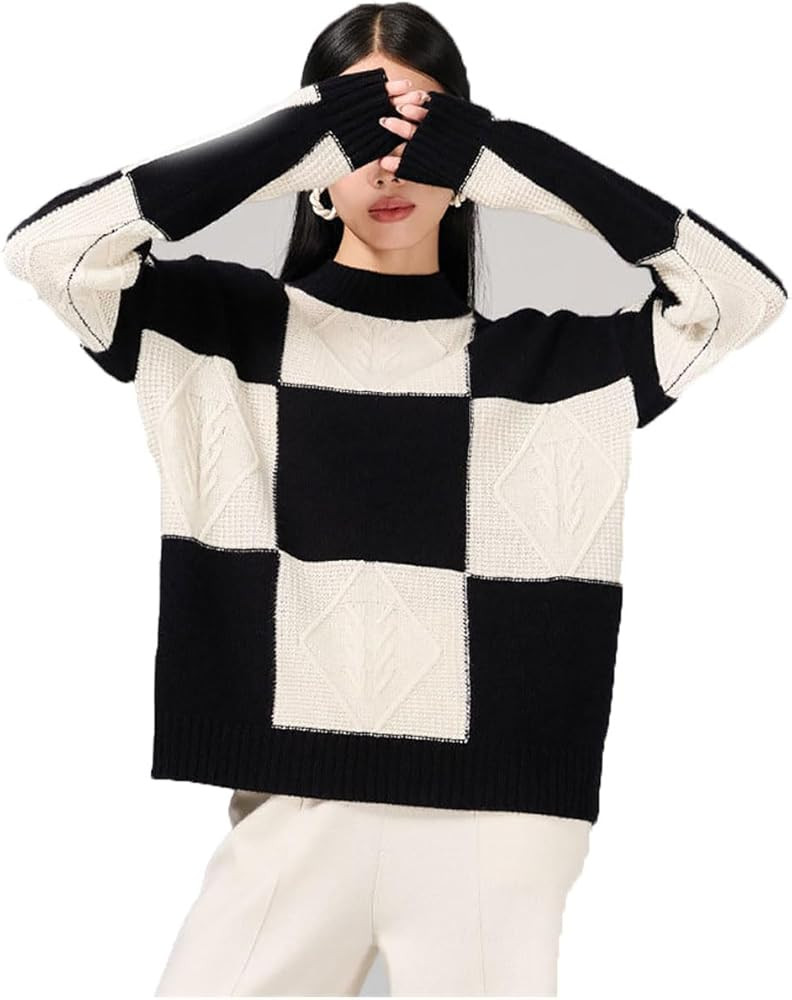 Womens Sweaters, Crewneck Oversized Color Block Checkerboard Sweater, Slouchy Chunky Knit Jacquar... | Amazon (US)