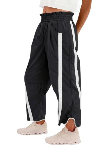 Fisoew Womens Baggy Wide Leg Track Pants Elastic Waist Y2K Sweatpants Black | Amazon (US)