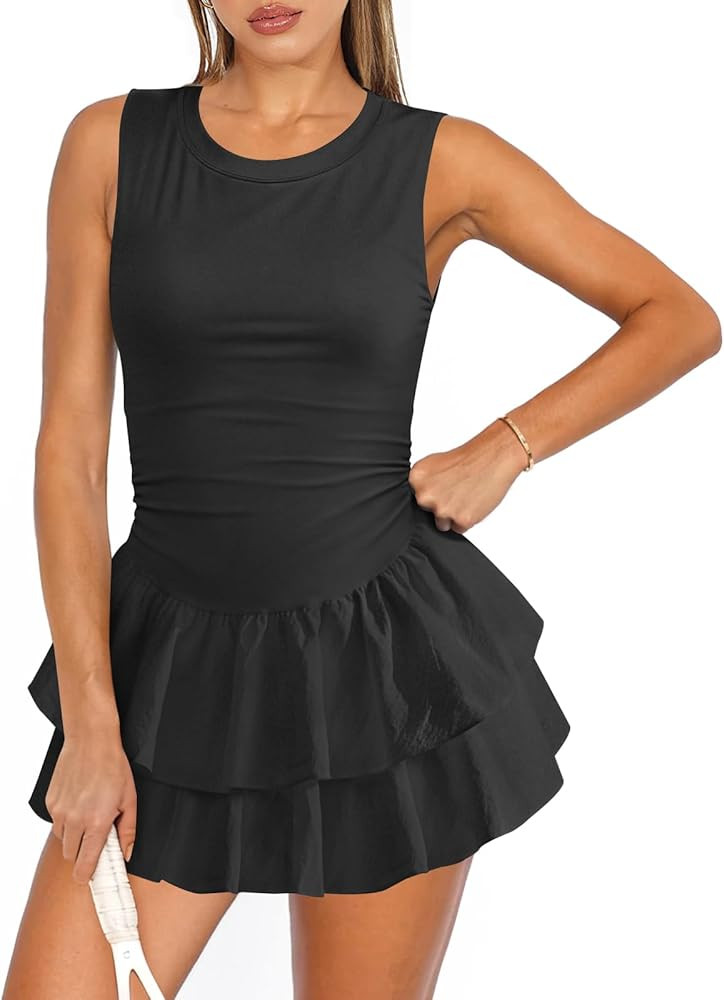 Women's Tennis Pleated Ruffle Athletic Dress for Women Mini Flowy Layered Ruffle Crewneck Sleevel... | Amazon (US)