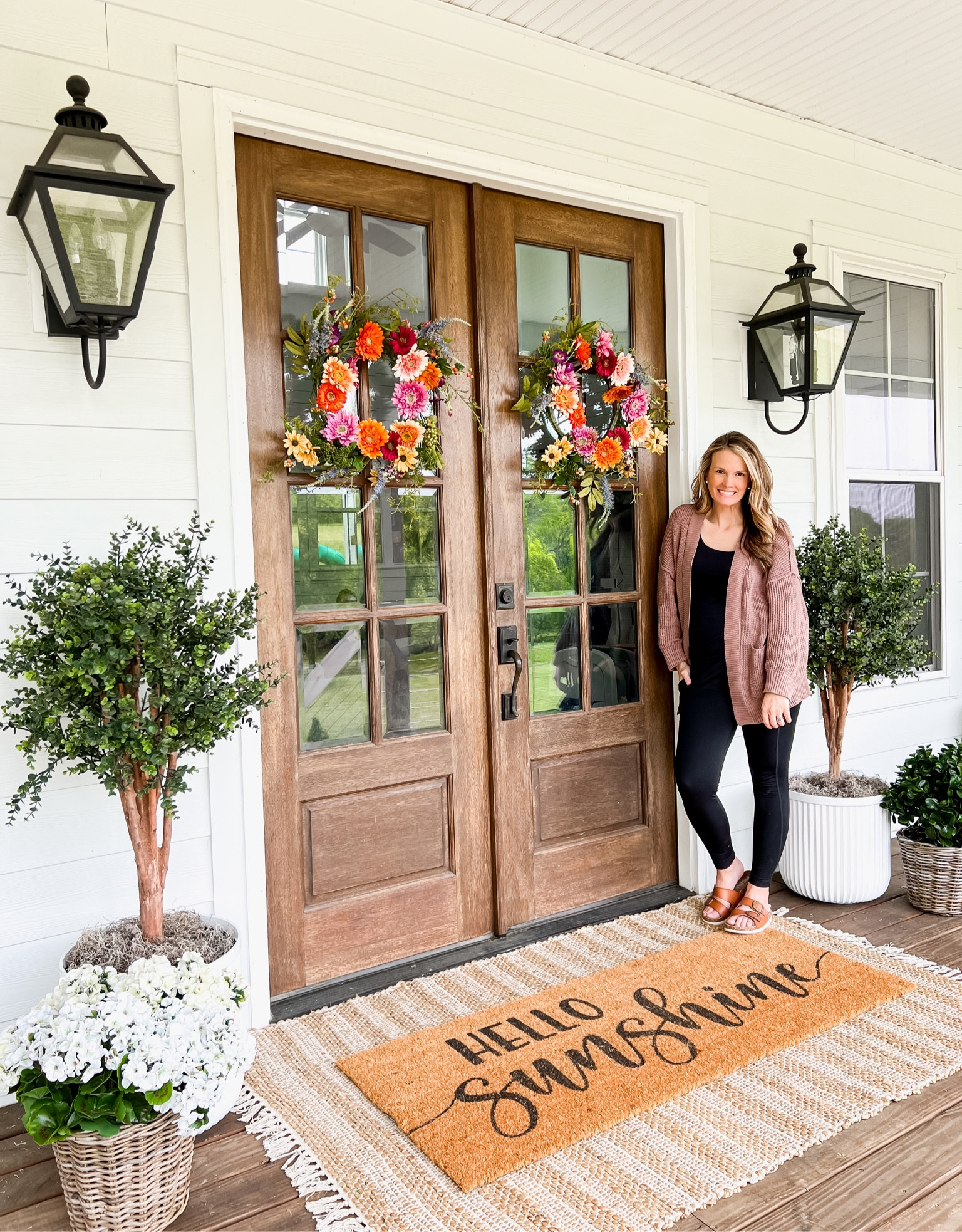 Front porch front door spring and summer home decor finds spiral boxwood topiary trees large white planters baskets outdoor table faux plants shrubs flowers artificial layered double jute scatter rug and xl long doormat Etsy Amazon nearly natural target overstock lantern sconce outdoor lighting lights spring floral wreaths  styling farmhouse transitional modern home accents Eucalyptus trees African sunflower colorful wreaths

#LTKSeasonal #LTKFind #LTKhome