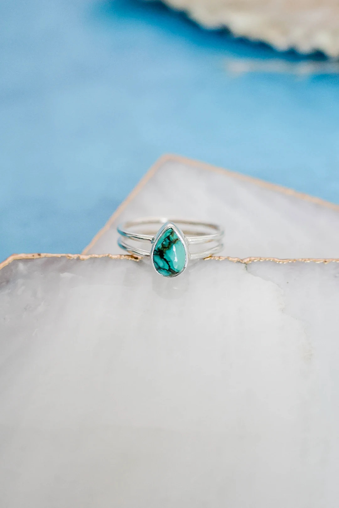 Dainty Turquoise Ring, Turquoise Silver Ring, Double Band Silver Ring, Turquoise Pear Ring, Sterl... | Etsy (US)