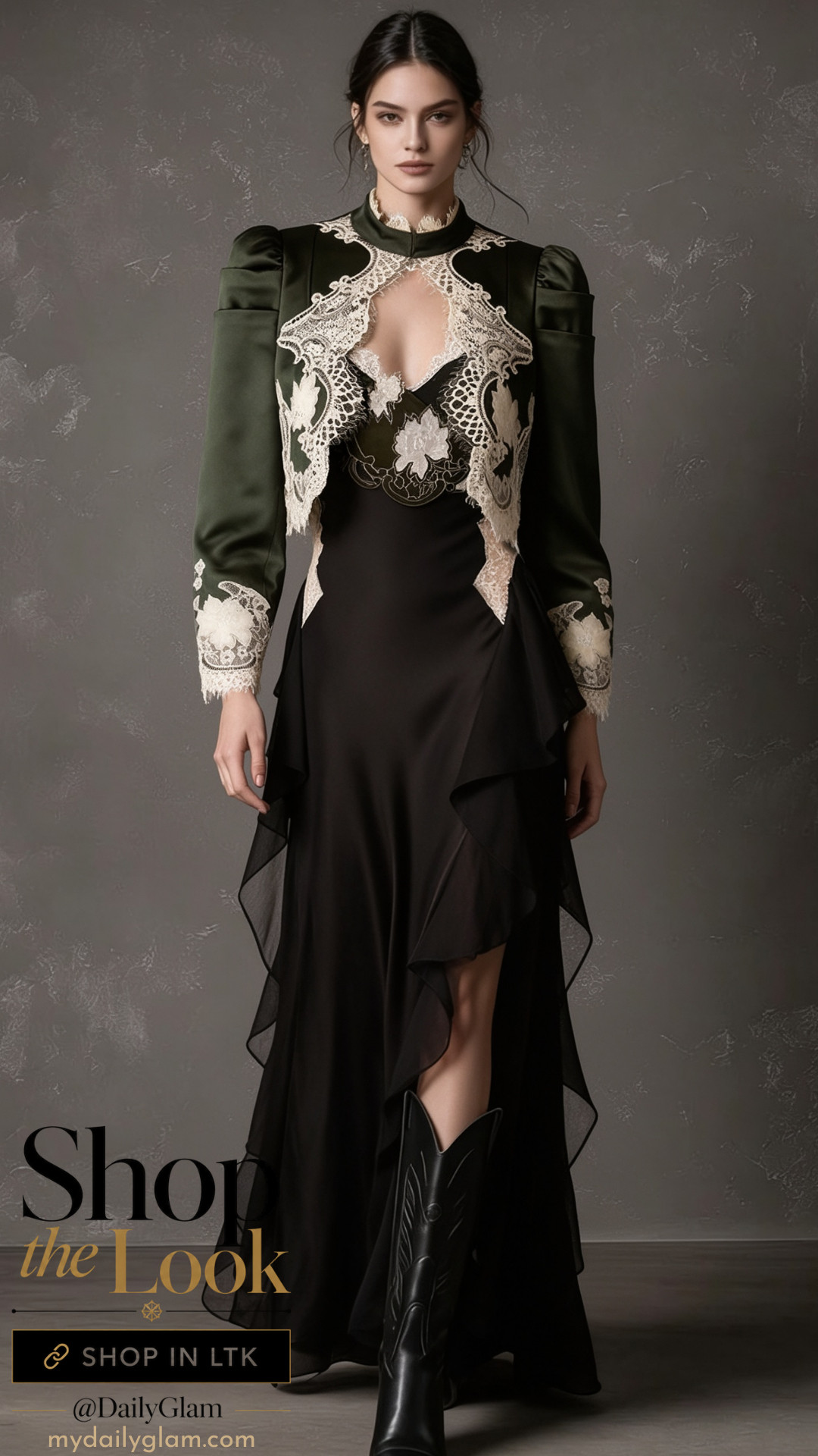 Elegant Dark Green Lace Jacket & Black Satin Maxi Dress Evening Outfit

#DarkGreenLaceTrimJacket #BlackSatinSlipMaxiDress #WesternCowboyBoots #RomanticGothEveningWear #ElevatedFormalOutfit #VintageLaceOuterwear #AsymmetricalRuffleGown #SophisticatedDinnerLook #DarkLuxuryStyle #SpecialOccasionOutfit #LaceAndSatinEnsemble 

 #LTKootd #LTKOver40 #LTKWedding
