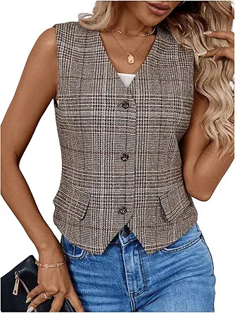 Milumia Women's Plaid V Neck Vest Single Breasted Sleeveless Work Blazer Jacket | Amazon (US)