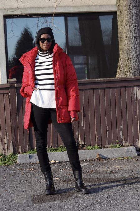 Red puffer coat with black jeans & Amazon black and white stripe sweater 

#LTKstyletip
