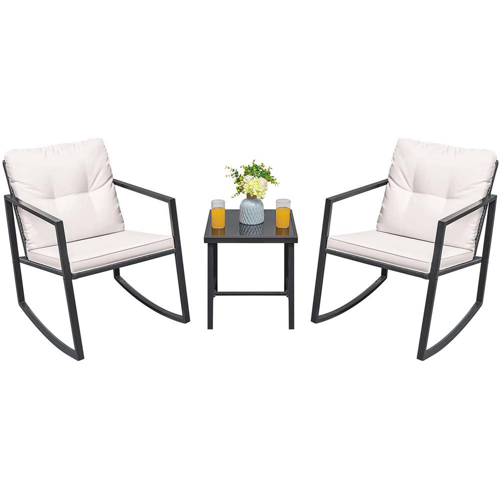 Tozey Black 3-Pieces Metal Wicker Outdoor Rocking Chair Bistro Conversation Set with White Cushions | The Home Depot