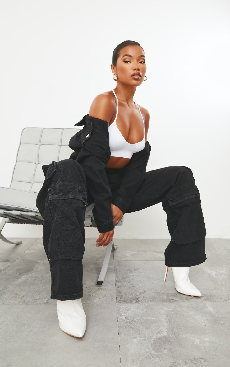 Washed Black Cargo Pocket Detail Wide Leg Jeans | PrettyLittleThing US