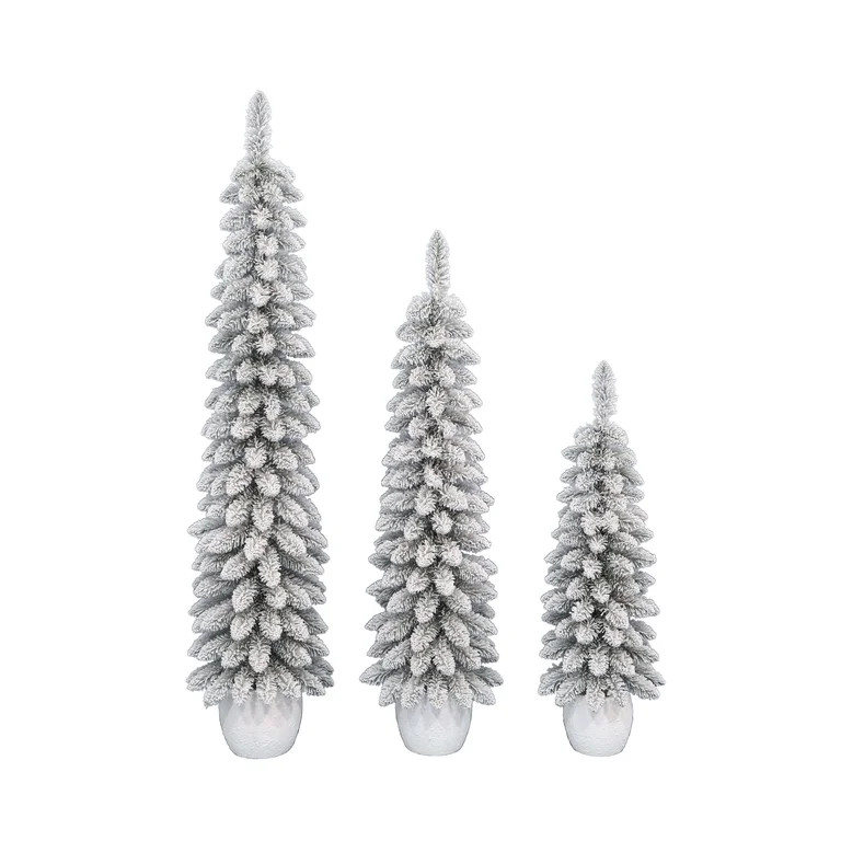 Snow-Flocked Non-Lit Artificial Christmas Trees with Resin Pots, Green, Set of 3, by Holiday Time | Walmart (US)