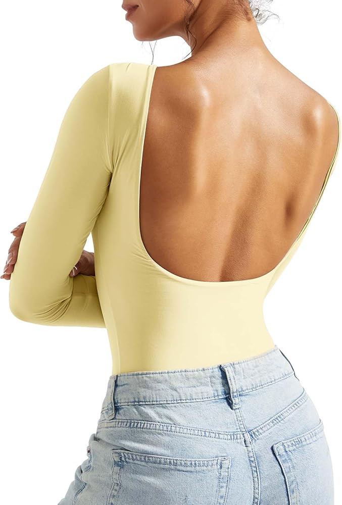 SUUKSESS Women Backless Y2k Long Sleeve Bodysuit Double Lined Open Back Sexy Basic Top | Amazon (US)