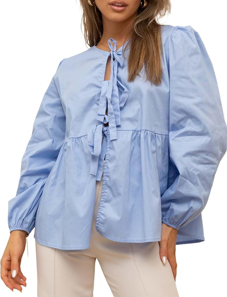 POHADON Women's Summer Bow Tie Front Babydoll Tops Cute Long Puff Sleeve Ruffle Hem Shirts Y2K Go... | Amazon (US)