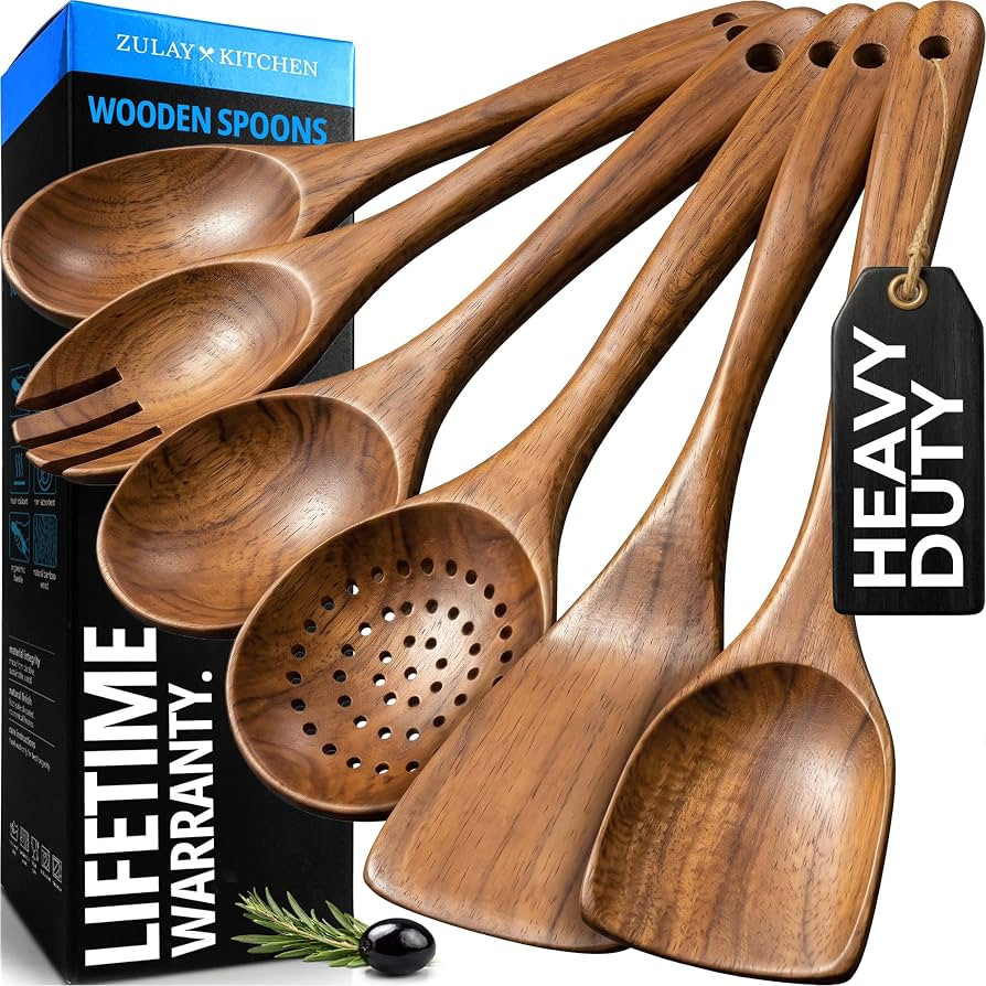 Zulay Kitchen 6 Piece Wooden Spoons for Cooking \u2013 Natural Teak Wooden Utensil Set, Easy to C... | Amazon (US)
