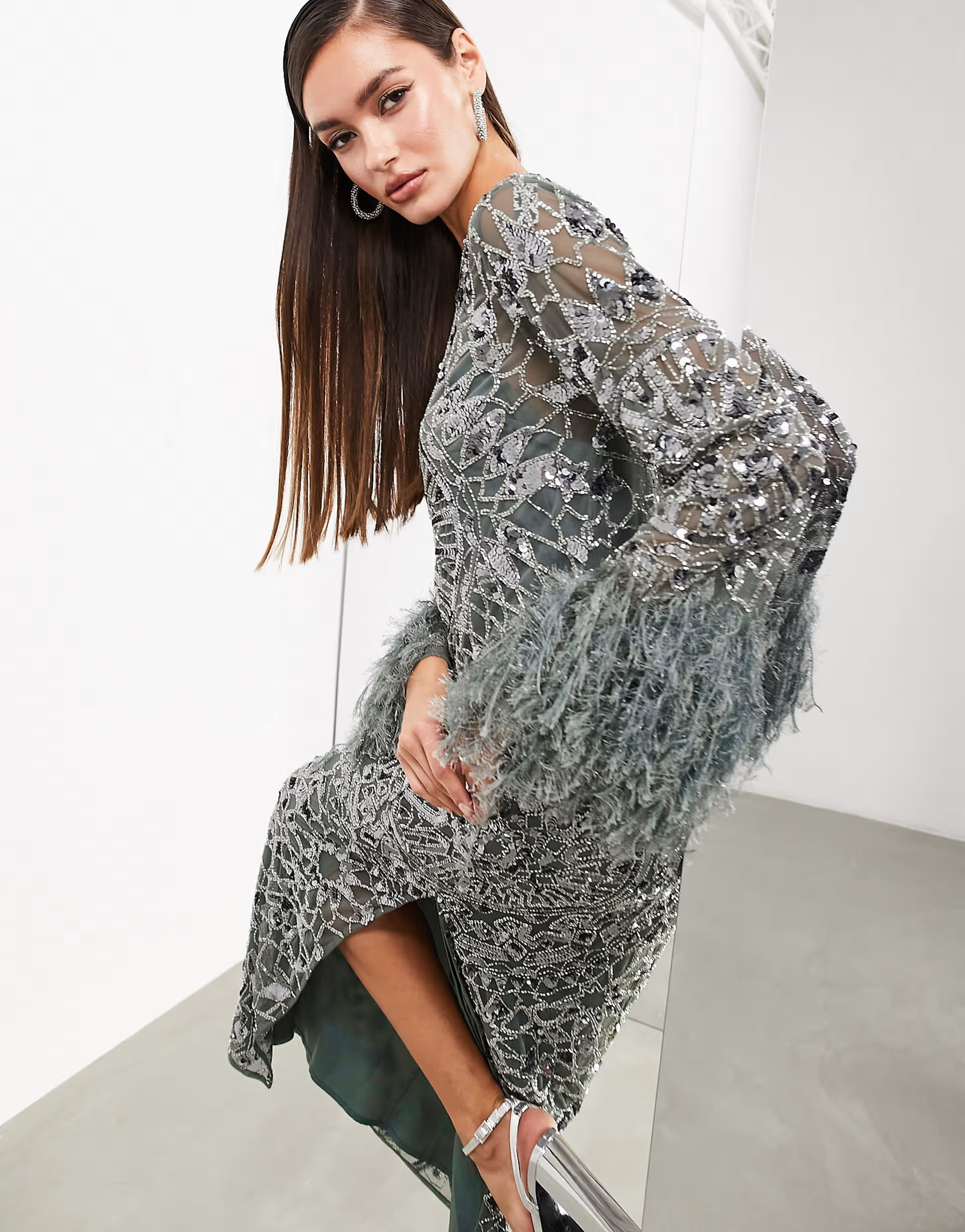 ASOS EDITION geo embellished long sleeve maxi dress with faux feather cuff in charcoal | ASOS (Global)