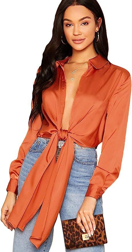 SheIn Women's Bow Tie Satin Bodysuit Plunging Neck Sexy Long Sleeve Blouse Top | Amazon (US)