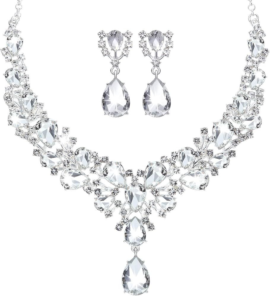 Bridal Teardrop Cluster Crystal Jewelry Set for Women Necklace Earrings Wedding | Amazon (US)