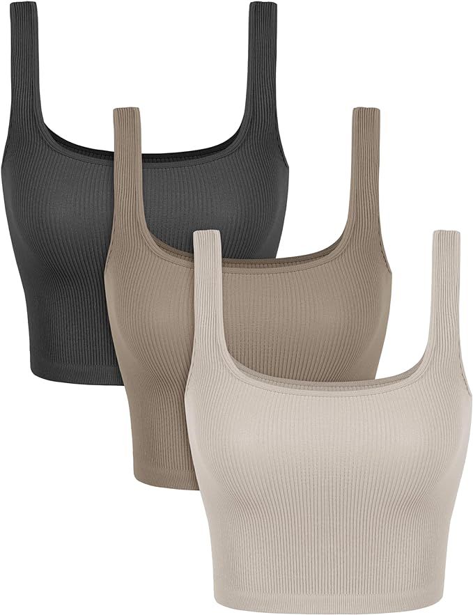 ODODOS 3-Pack Seamless Square Neck Crop Tank for Women Ribbed Knit Soft Low Back Cropped Tops | Amazon (US)
