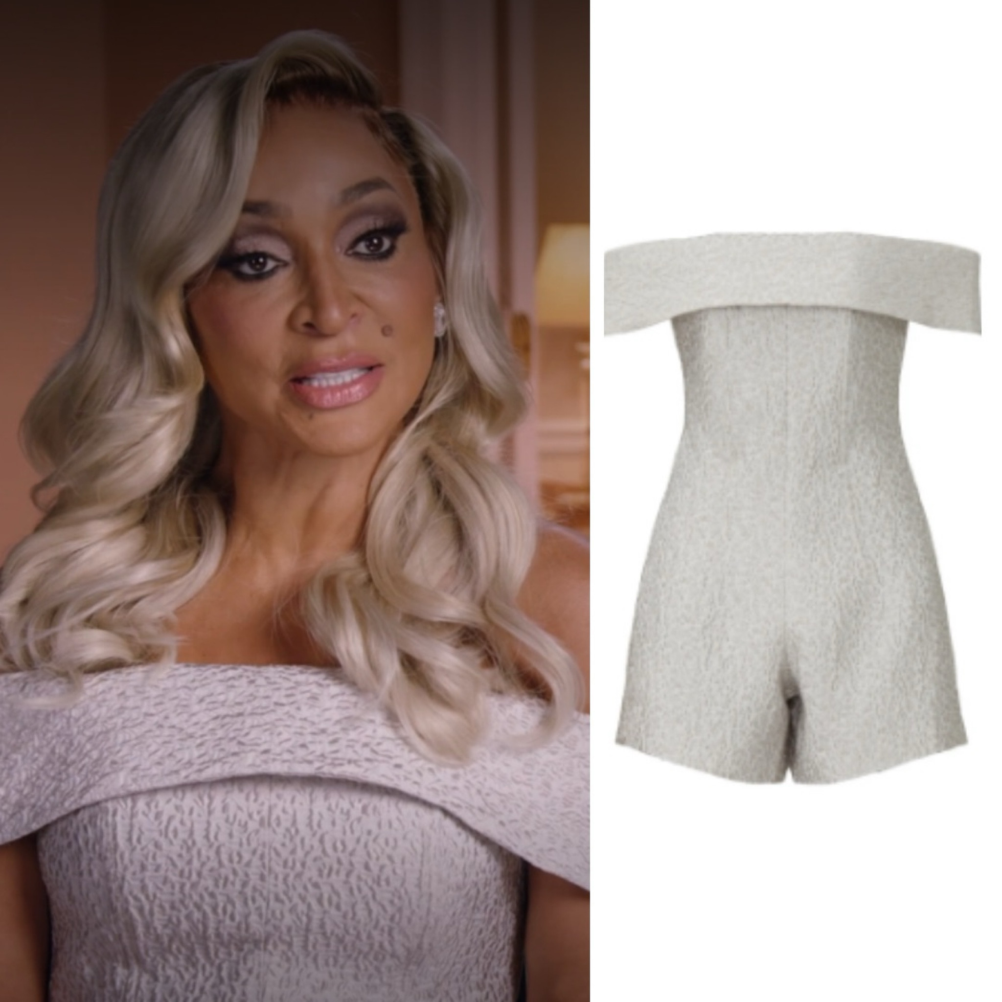 Karen Huger’s Metallic Off the Shoulder Confessional Look