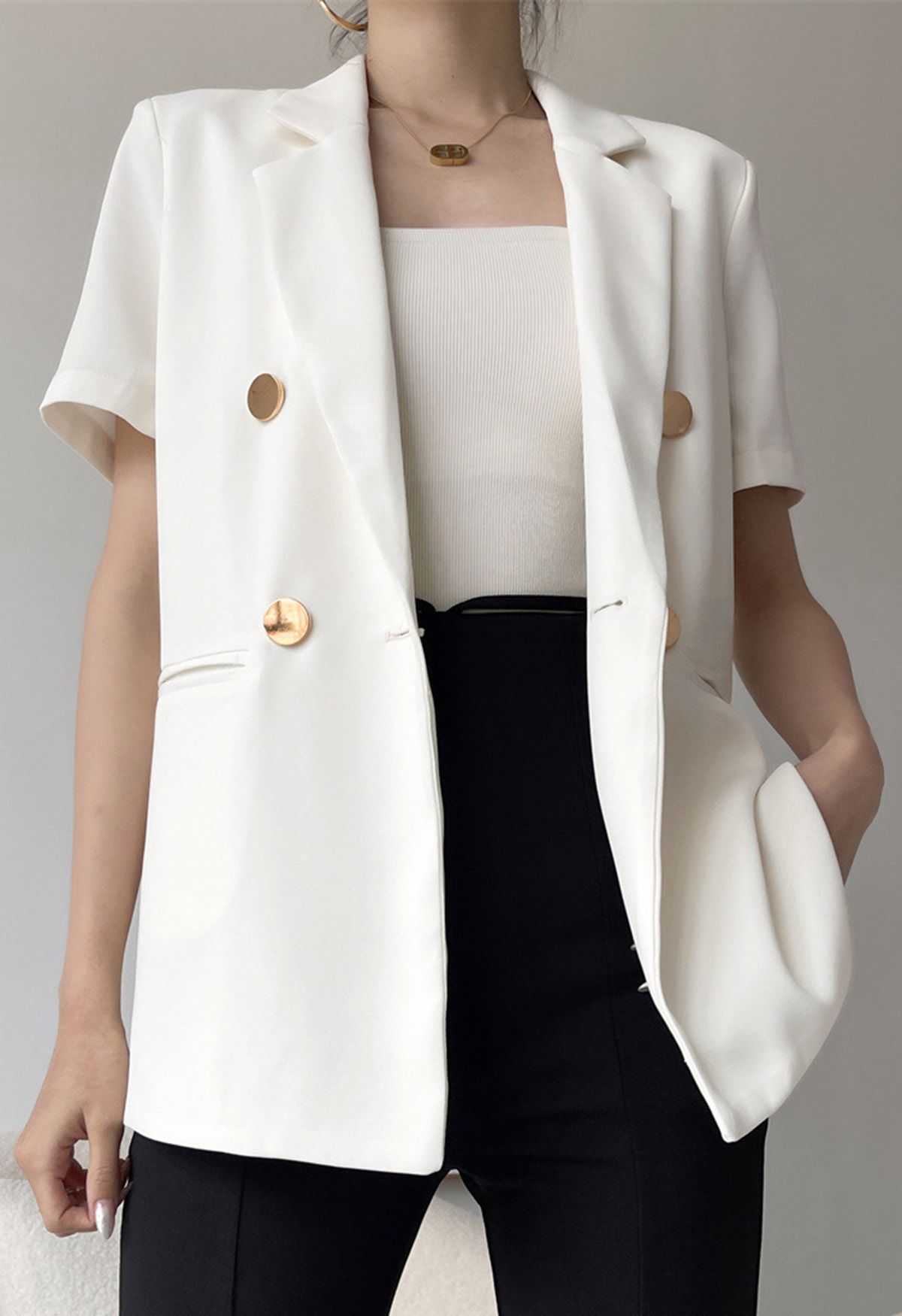 Golden Button Short-Sleeve Blazer in White | Chicwish