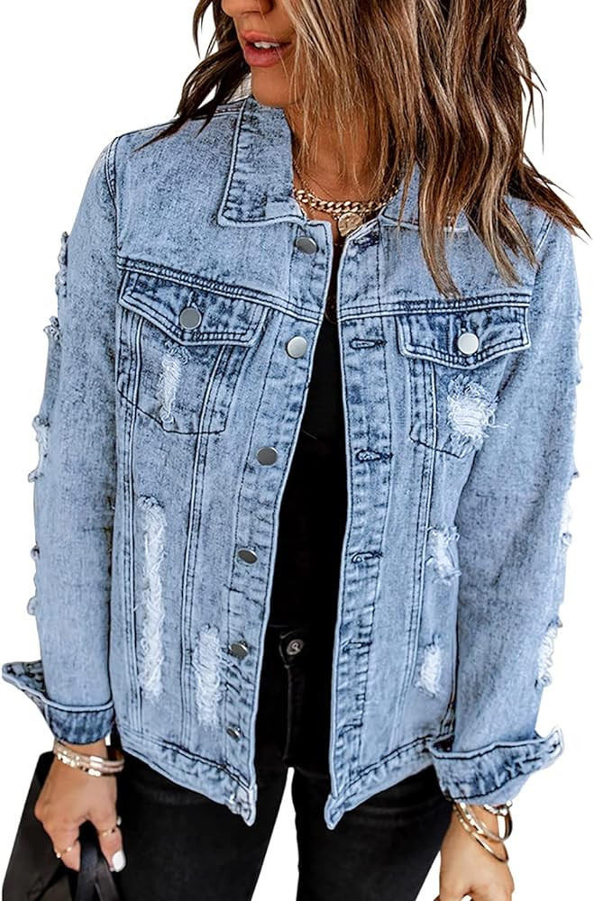 Necooer Women's Jean Jacket Distressed Washed Button Up Boyfriend Denim Jacket Coat With Pockets | Amazon (US)