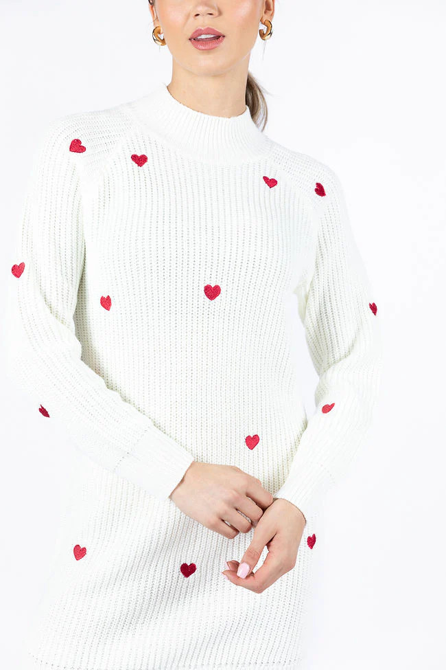 Call Back Later Ivory Heart Detail Sweater Dress | Pink Lily
