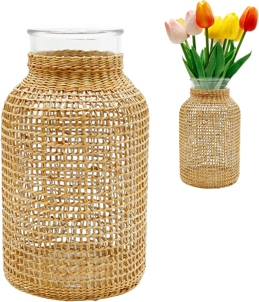 MDEOOSKY Straw Woven Glass Vase 10.23''X3.93''X5.51''Boho Glass Flower Vase Country Rustic Style ... | Amazon (US)