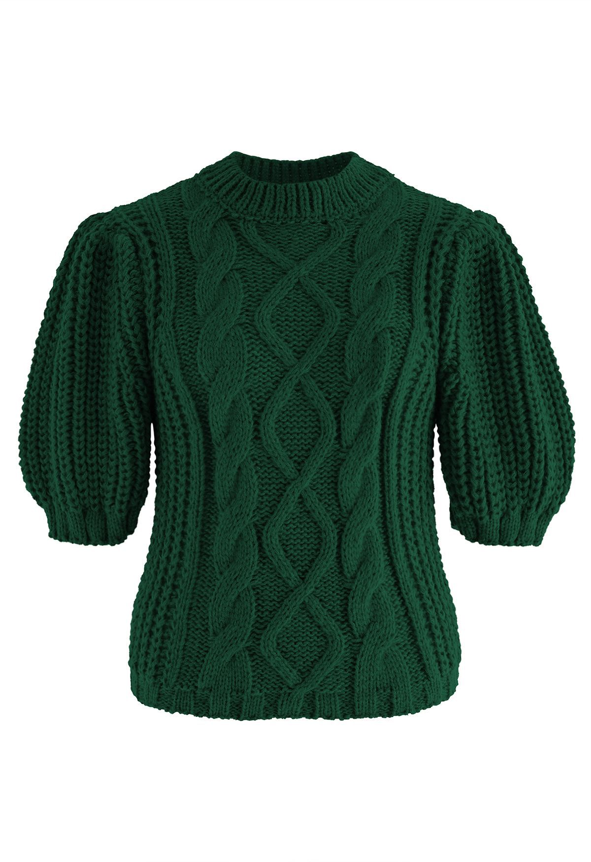 Bubble Sleeve Braided Ribbed Sweater in Dark Green | Chicwish
