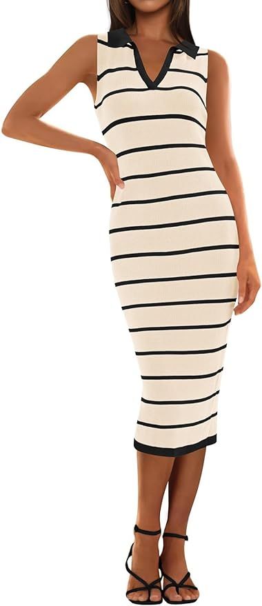 PRETTYGARDEN Women's Summer Dresses 2024 Collar V Neck Sleeveless Midi Dress Causal Stripes Ribbe... | Amazon (US)