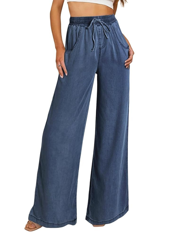 Sidefeel Women's Drawstring Wide Leg Jeans High Waisted Loose Fit Denim Pants | Amazon (US)