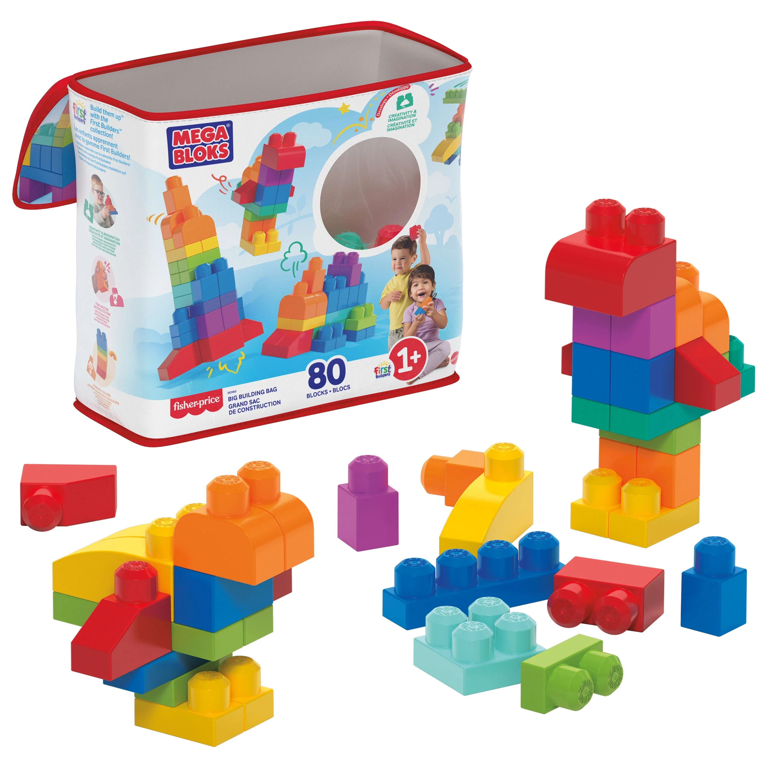 MEGA BLOKS Fisher-Price Toy Blocks Blue Big Building Bag with Storage (80 Pieces) for Toddler - W... | Walmart (US)