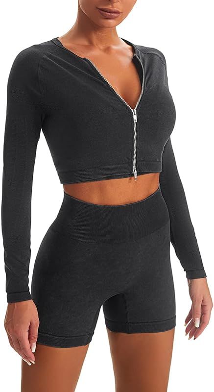 Workout Sets for Women 2 Piece Seamless Acid Wash Yoga Outfits-Two Way Zipper Long Sleeve Crop To... | Amazon (US)
