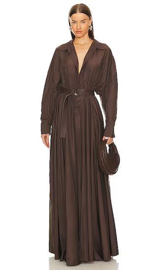 Oversized Boyfriend Shirt Flared Gown in Chocolate | Revolve Clothing (Global)