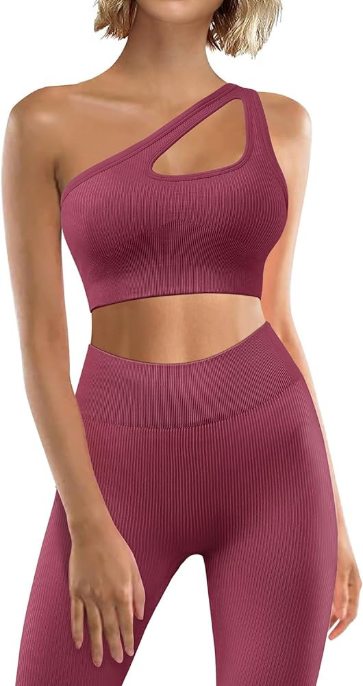 JZC Workout Outfits for Women 2 Piece Ribbed Seamless Yoga Leggings Exercise Sets | Amazon (US)