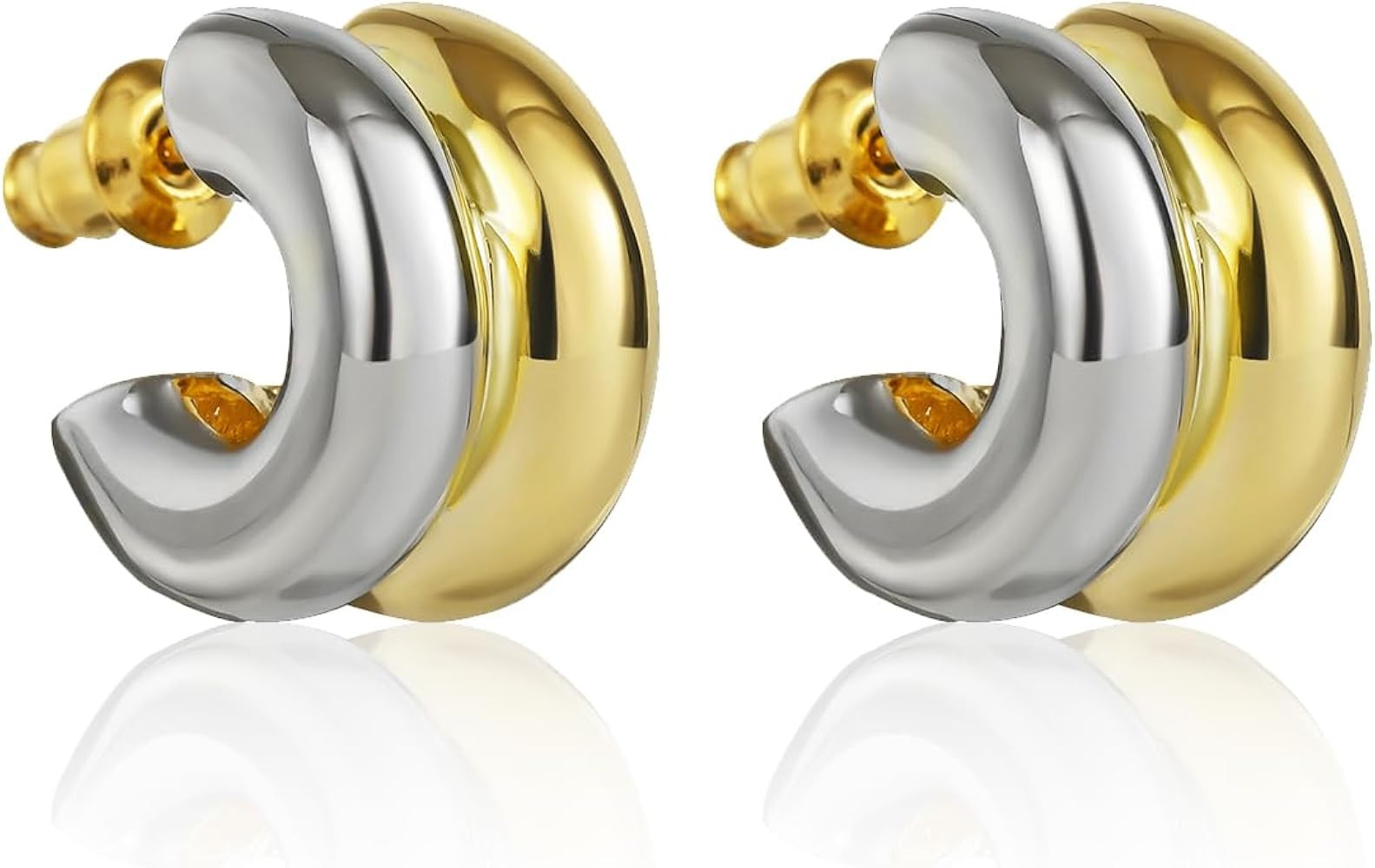 Double Hoop Earrings for Women, 14K Gold Plated Two Tone Gold & Silver Huggie Hoop Earrings, Ligh... | Amazon (US)