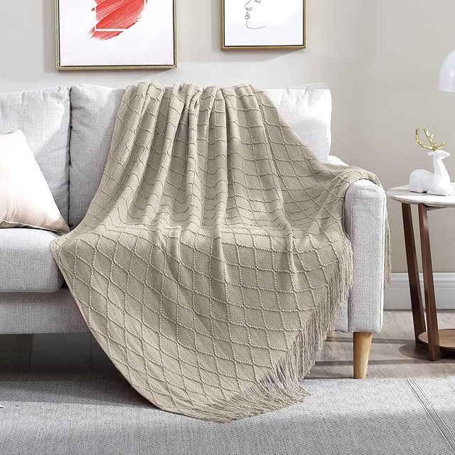 Walensee 100% Acrylic Knit Throw Blanket for Couch, 60" x 80", Beige, Machine Washable | Walmart (US)