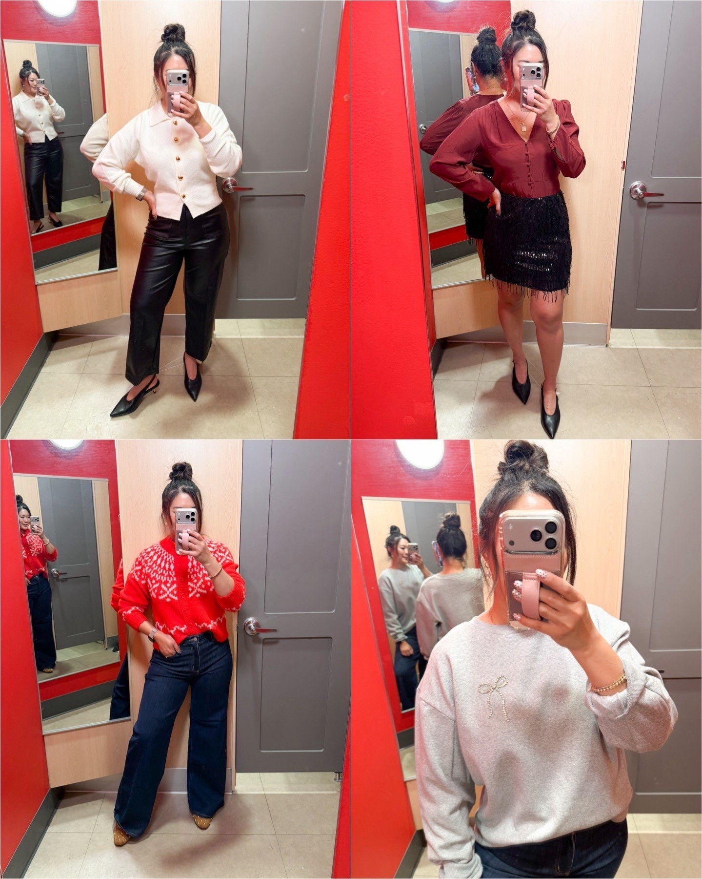 Target Holiday Outfits 
Heart Cardigan Sweater: Small
Faux Leather Crop Pant: 8
Red Top: Small
Black Sparkly Skirt: Medium
Red Sweater: Medium
Wide Leg Denim: 8
Bow Sweatshirt: Large 

holiday outfits inspo, fall outfits, outfit inspo, fall style, trendy fashion, women’s fashion, holiday fashion 

#LTKSeasonal #LTKStyleTip #LTKootd