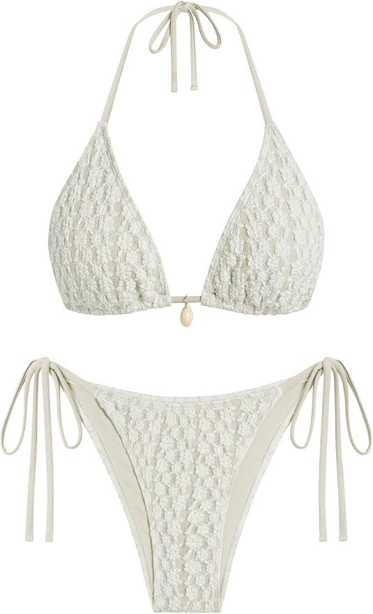 ZAFUL Women's Triangle Bikini Set Crochet String Cheeky Swimsuit Sexy Halter Lace 2 Piece Bathing... | Amazon (US)
