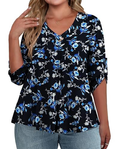 FOLUNSI Women's Plus Size Blouses 3/4 Sleeve Floral Flowy Shirts Tops Color 371, L | Amazon (US)