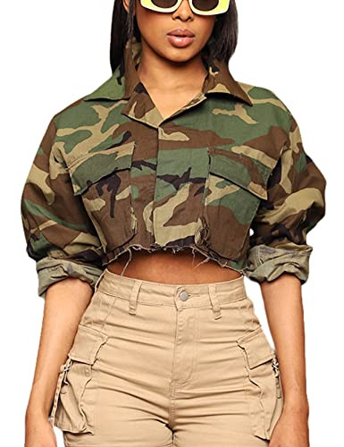 Camo Jacket for Women Cropped Denim Bomber Jacket army fatigue Camouflage Jacket Long Sleeve Butt... | Amazon (US)