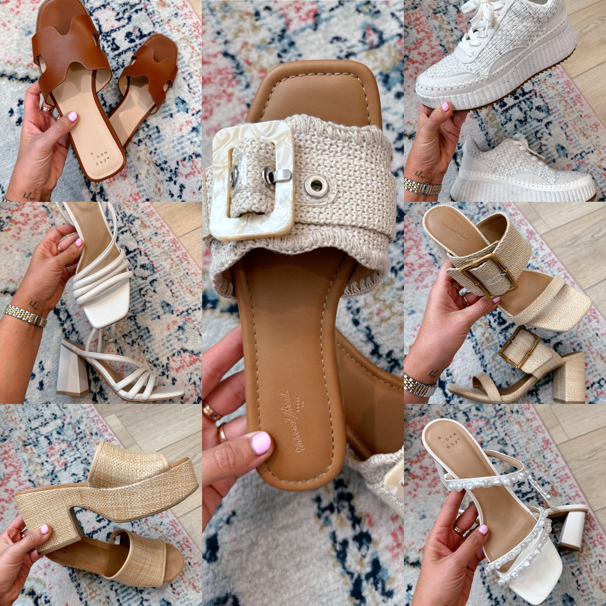 My fave target shoes for summer are on sale! Highly recommend each of these! For reference, I’m typically a size 8 in shoes and go up to 8.5 a lot in sneakers or heels because I have a wider set foot. Here’s the sizing i did for each pair: top left - I did an 8 but wish I went down to 7.5. They run big IMO. Classic sandal that goes with EVERYTHING though (and a designer look for less!) timeless! // the white heel under with the ankle strap is sooooo comfy! The wider block heel and the straps are soo cushioned. They go with everything dressy! I did 8.5 which I usually go up to in heels. // tan bottom left wedges - size 8. I wear these a LOT. // middle pair is probably my most worn besides the sneakers! I went down to 7.5. Very cushioned and comfy! // sneakers - I did 8.5 but wish I did an 8. I wear them sooo much and have the last year so I think they stretched out a bit. // heels with the buckle look way more expensive than they are! Obsessed with these for summer looks! Size 8.5. // last pair with the pearl shell accents (SO PRETTY!) size 8.5. The straps aren’t as comfy on these as the other pair to be honest but they’re gorgeous. //