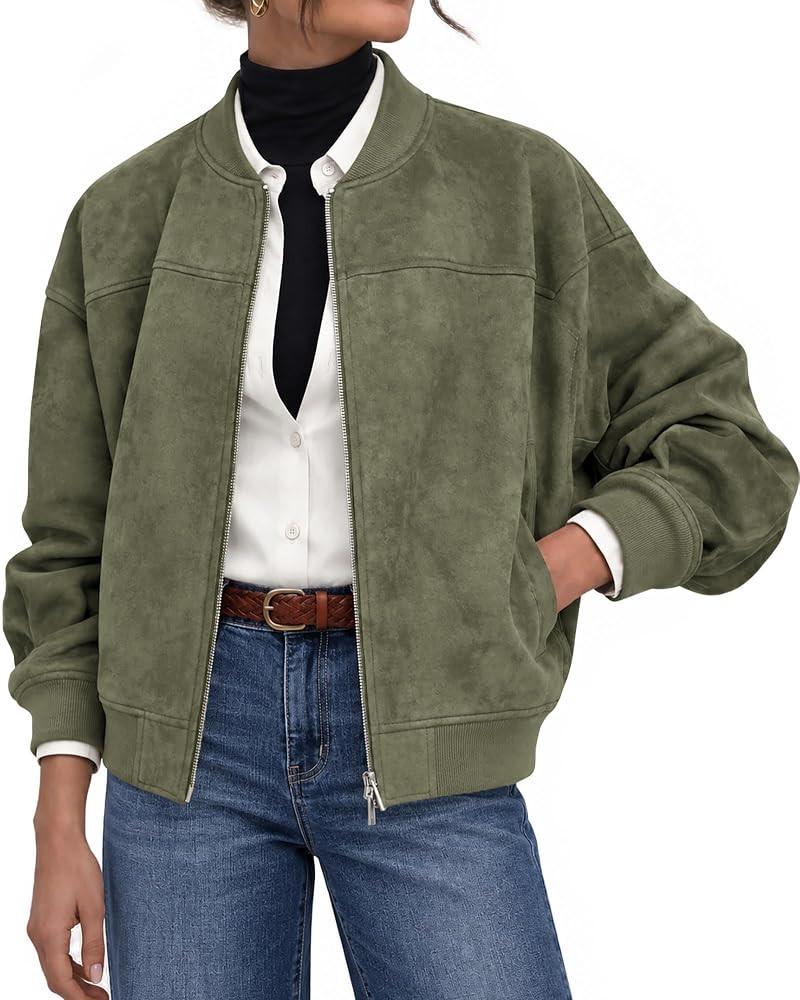 Lazysmile Women's Faux Suede Bomber Jackets Fall Fashion Outfits | Amazon (US)