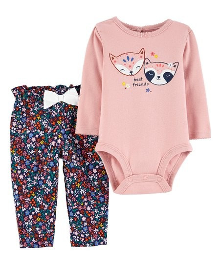 Pink Fox 'Best Friends' Long-Sleeve Bodysuit & Blue Floral Pants - Newborn & Infant | Zulily