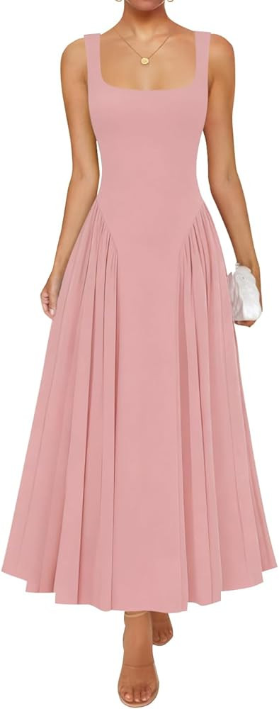 ZESICA Womens 2026 Summer Sleeveless Square Neck Sundress Casual Long Flowy A Line Beach Vacation... | Amazon (US)