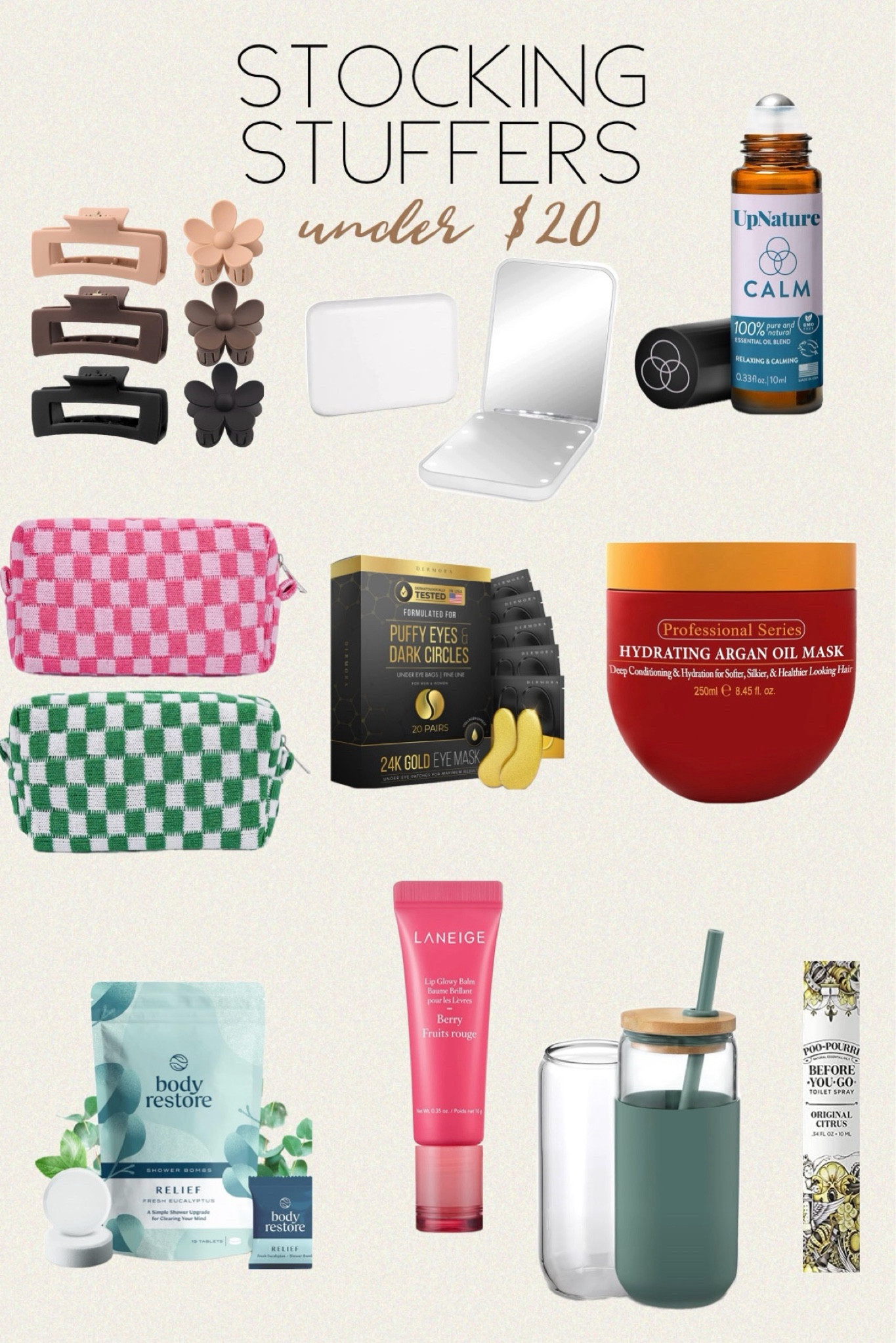 Stocking stuffers under $20
Gift for her / Gift guide for herr

2 Pieces Makeup Bag Pouch Checkered Cosmetic Bag Pink & Green / 20oz Glass Water Tumbler with Silicone Protective Sleeve - Beer Can Shaped Glass Cups with Straw and Bamboo Lid / LANEIGE Lip Glowy Balm Berry / DERMORA Golden Glow Under Eye Patches (20 Pairs Eye Gels) - Rejuvenating Treatment for Dark Circles, Puffy Eyes, Refreshing / Calm Essential Oil Roll On Blend – Stress Relief  / Arvazallia Hydrating Argan Oil Hair Mask and Deep Conditioner for Dry or Damaged Hair / Kintion Pocket/Purse Mirror, 1X/3X Magnification LED Small Compact Travel Makeup Mirror with Light /Large Rectangle Hair Claw Clips Matte Flower Hair Clips / Poo-Pourri Before-You-Go Toilet Spray /Shower Steamers Aromatherapy 15 Pack - Christmas Gifts Stocking Stuffers 

#amazon #stockingstuffer #christmas #giftforher #giftguide #gabrielapolacek

#LTKparties #LTKGiftGuide #LTKHoliday