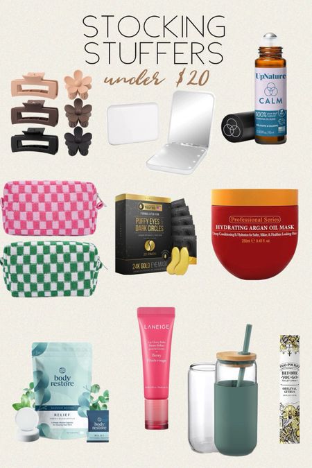 Stocking stuffers under $20
Gift for her / Gift guide for herr

2 Pieces Makeup Bag Pouch Checkered Cosmetic Bag Pink & Green / 20oz Glass Water Tumbler with Silicone Protective Sleeve - Beer Can Shaped Glass Cups with Straw and Bamboo Lid / LANEIGE Lip Glowy Balm Berry / DERMORA Golden Glow Under Eye Patches (20 Pairs Eye Gels) - Rejuvenating Treatment for Dark Circles, Puffy Eyes, Refreshing / Calm Essential Oil Roll On Blend – Stress Relief  / Arvazallia Hydrating Argan Oil Hair Mask and Deep Conditioner for Dry or Damaged Hair / Kintion Pocket/Purse Mirror, 1X/3X Magnification LED Small Compact Travel Makeup Mirror with Light /Large Rectangle Hair Claw Clips Matte Flower Hair Clips / Poo-Pourri Before-You-Go Toilet Spray /Shower Steamers Aromatherapy 15 Pack - Christmas Gifts Stocking Stuffers 

#amazon #stockingstuffer #christmas #giftforher #giftguide #gabrielapolacek

#LTKparties #LTKGiftGuide #LTKHoliday
